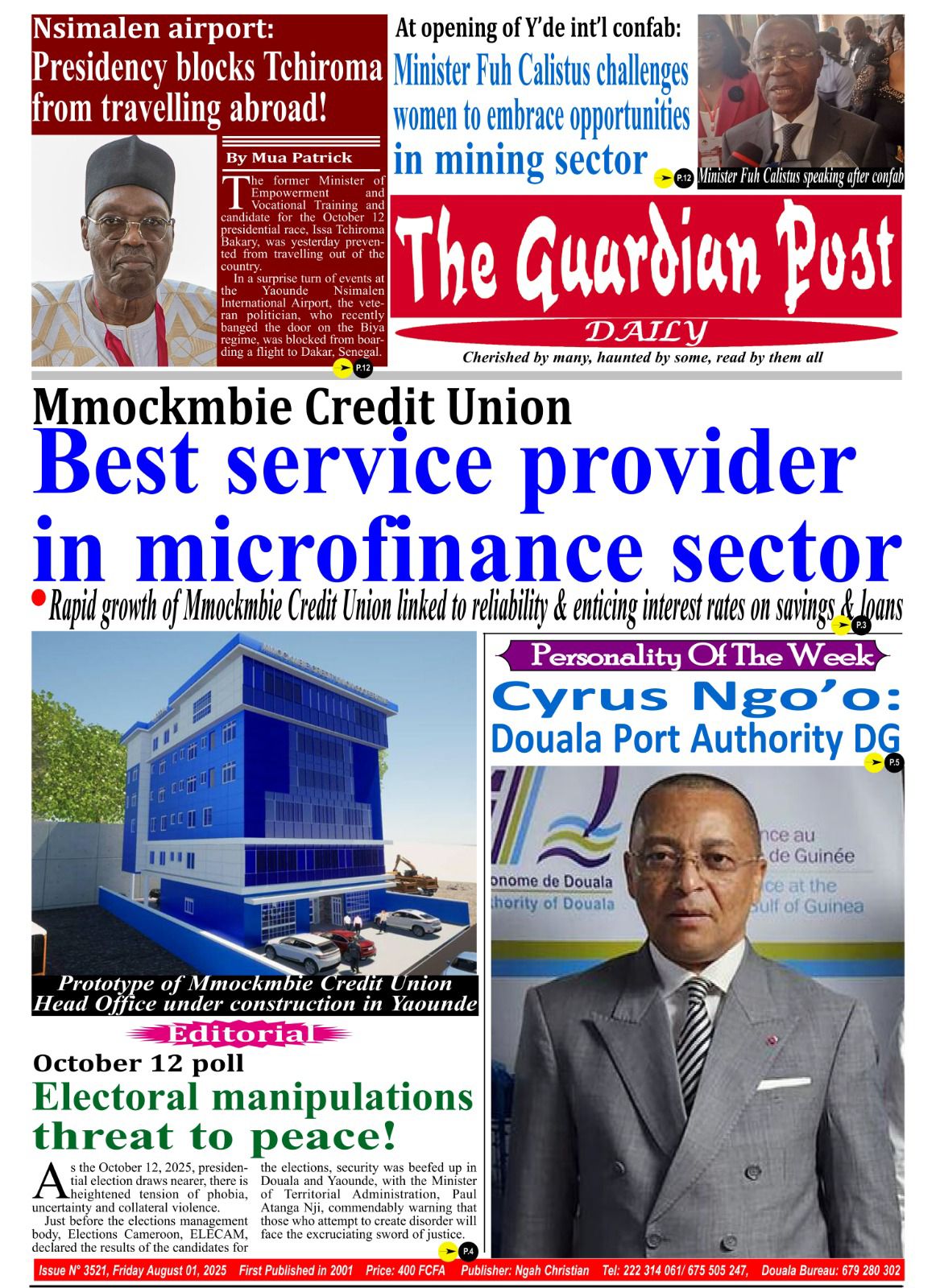 Une du journal THE GUARDIAN POST N°3521