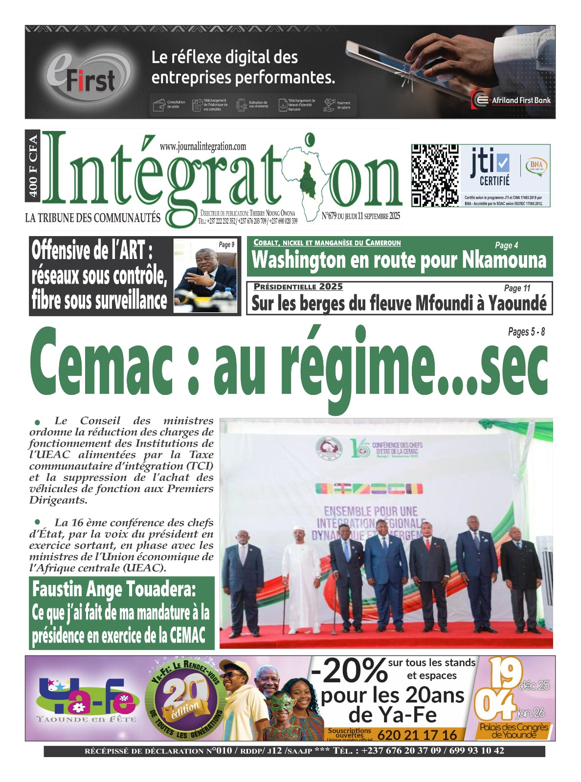 Une du journal INTÉGRATION N°679