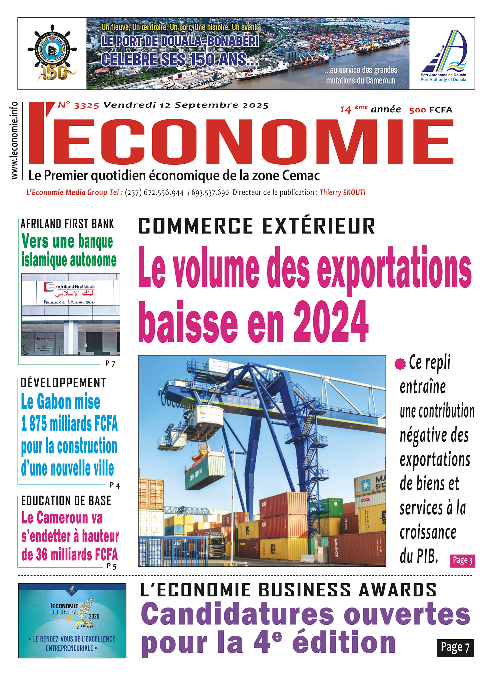 Une du journal L'ECONOMIE N°3325