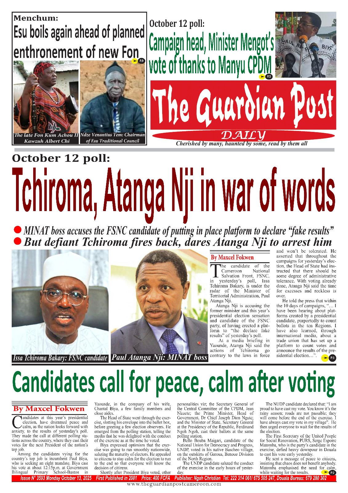 Une du journal THE GUARDIAN POST N°3593