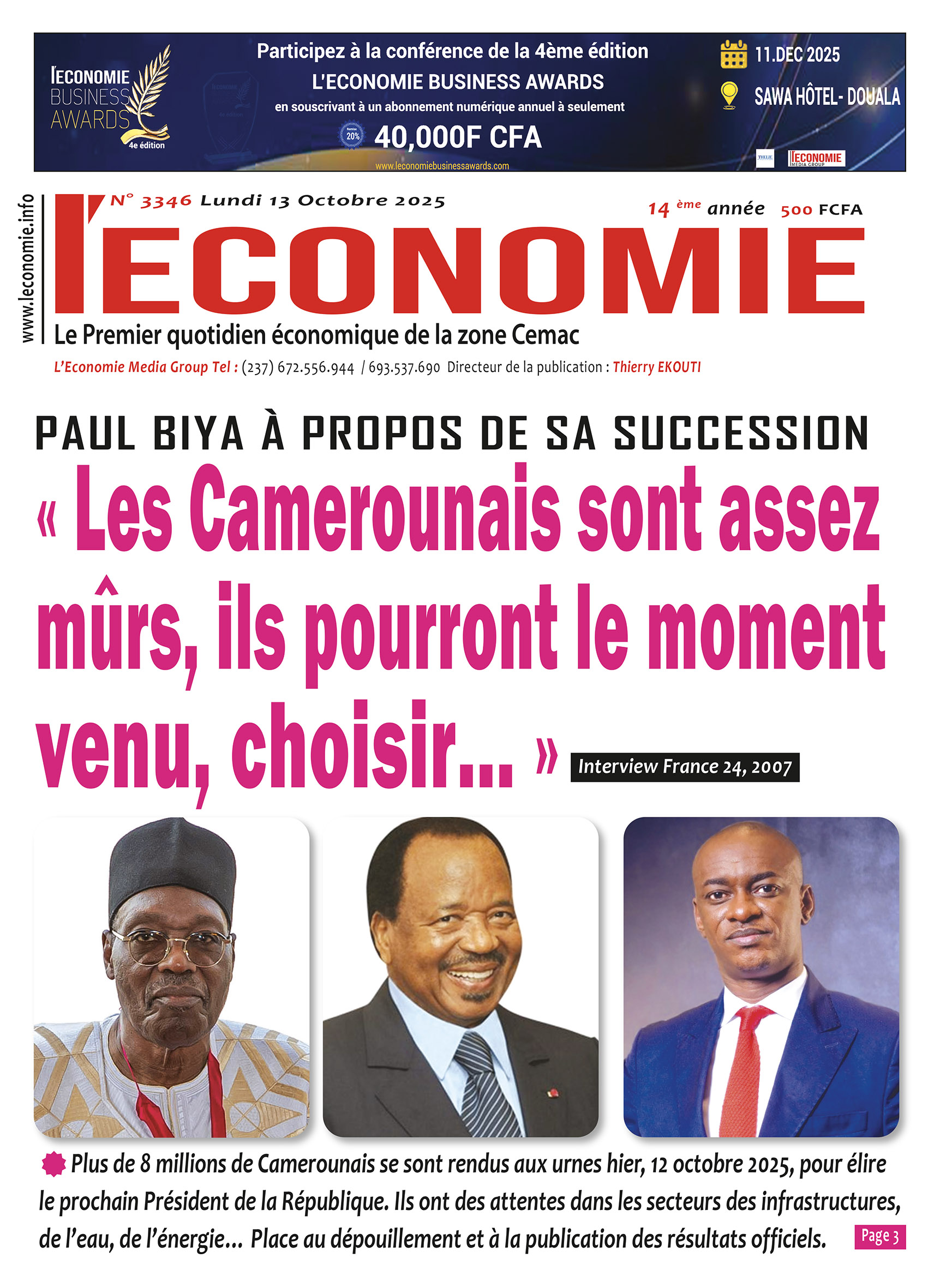 Une du journal L'ECONOMIE N°3346
