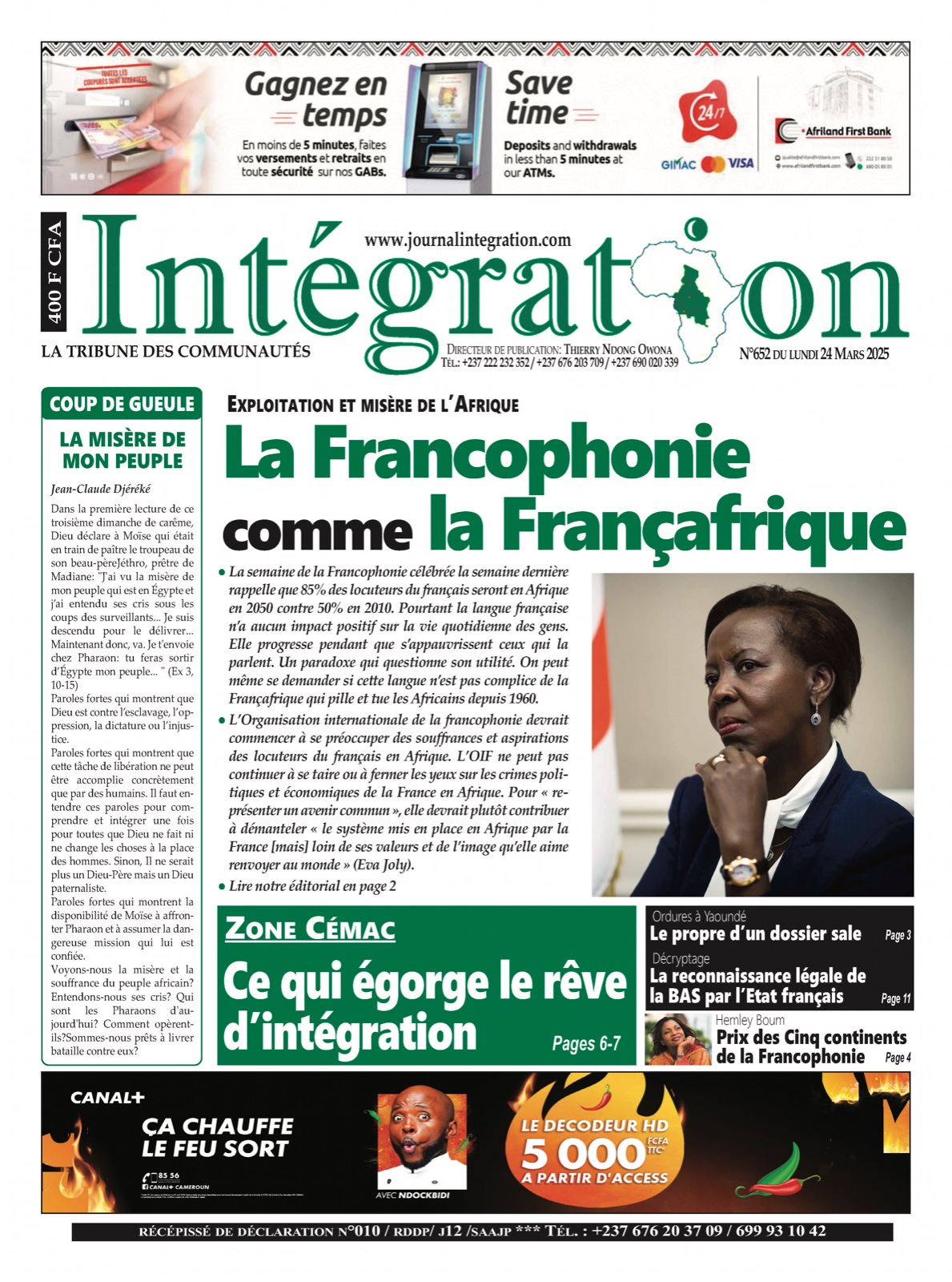 Une du journal INTÉGRATION N°652