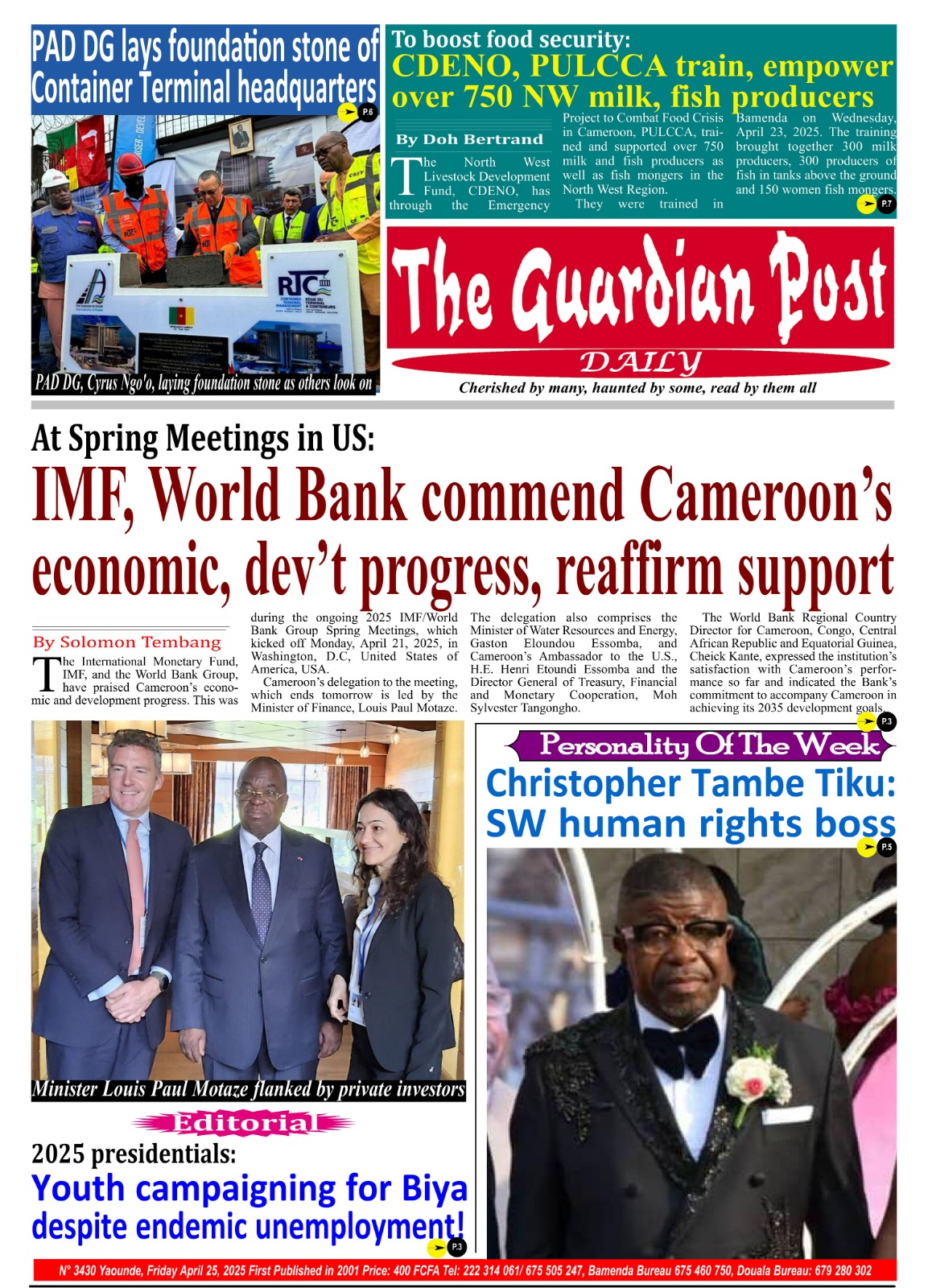 Une du journal THE GUARDIAN POST N°3430